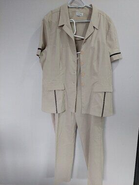 Clichy 2-piece Suit Pants & Short Sleeve Blazer Size 14 Beige Stretch Vintage